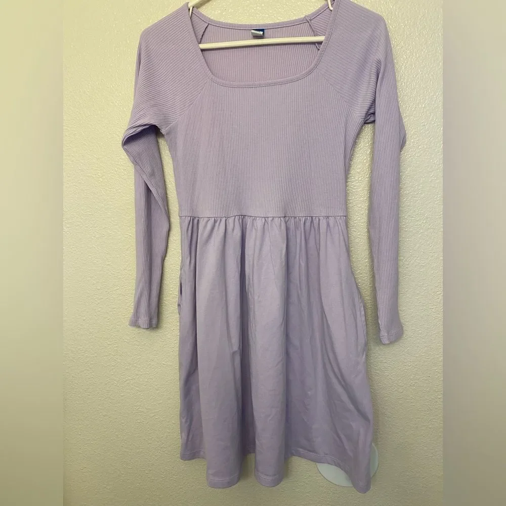 Old Navy lavender long sleeve ribbed-knit dress square neckline pockets XL 14-16